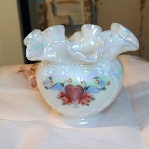 Vintage hand painted Fenton white opalescent vase with heart and flowers